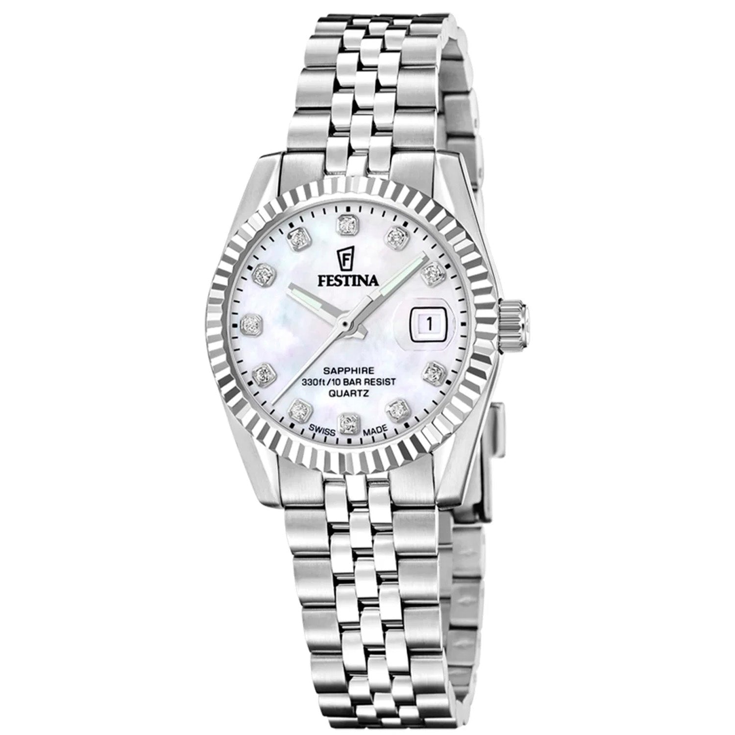 Festina Damenuhr mit Edelstahlarmband, rundem Zifferblatt und Datumsanzeige.