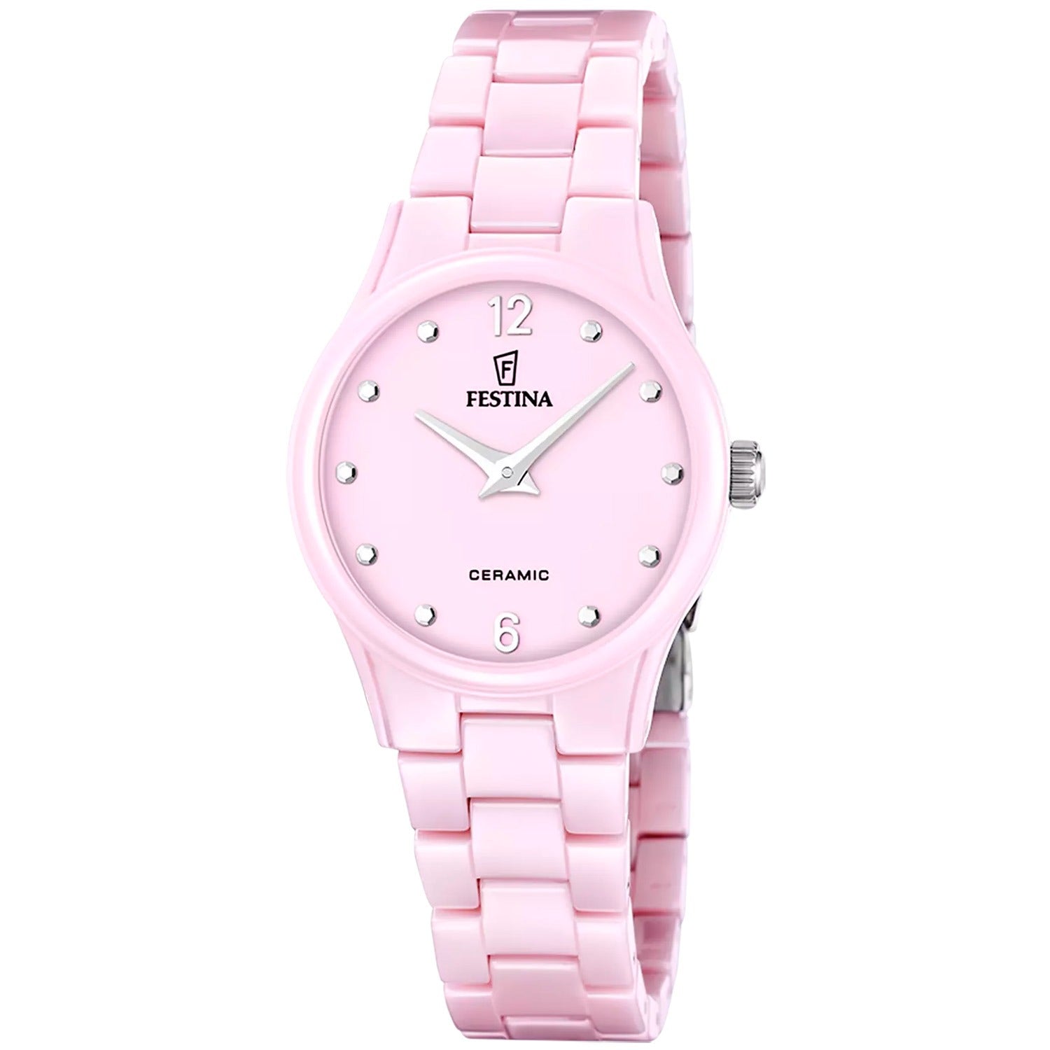 Festina Damenarmbanduhr mit pinkem Keramikband und rundem Zifferblatt