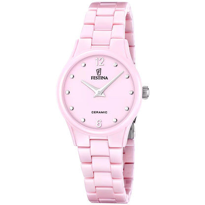 Festina Damenarmbanduhr mit pinkem Keramikband und rundem Zifferblatt