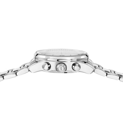 Silberne Armbanduhr mit Metallarmband, Seitenansicht mit Krone und Drückern