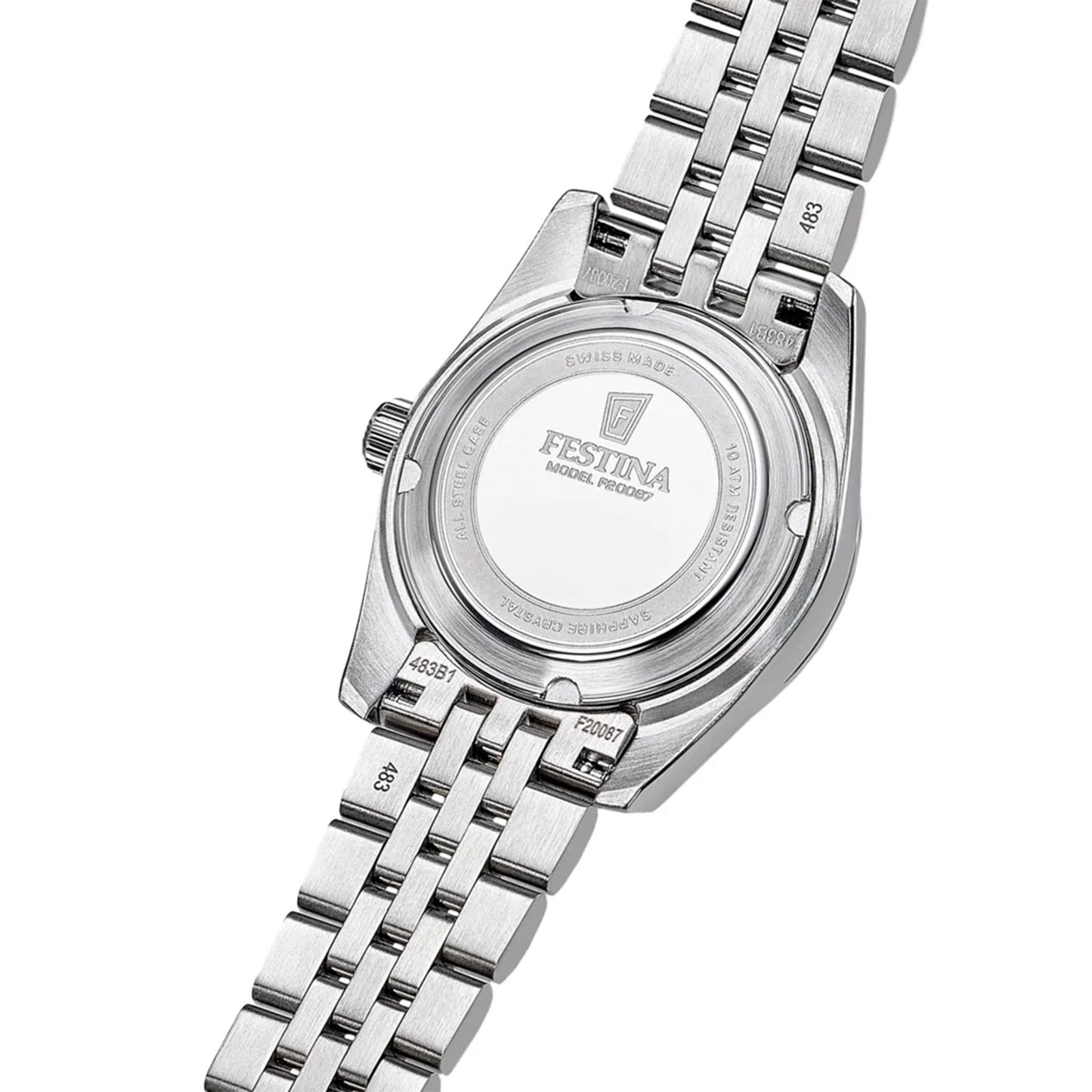 Festina Damenuhr Rückseite mit Edelstahlarmband, Gehäuse schräg betrachtet.