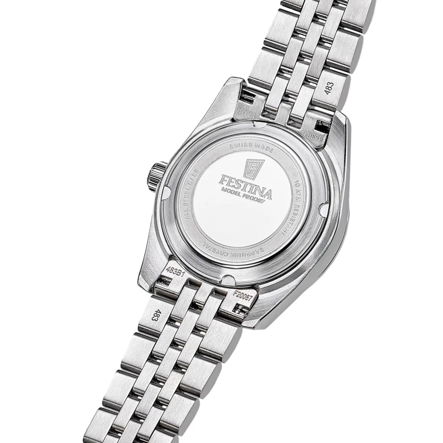 Festina Damenuhr Rückseite mit Edelstahlarmband, Gehäuse schräg betrachtet.