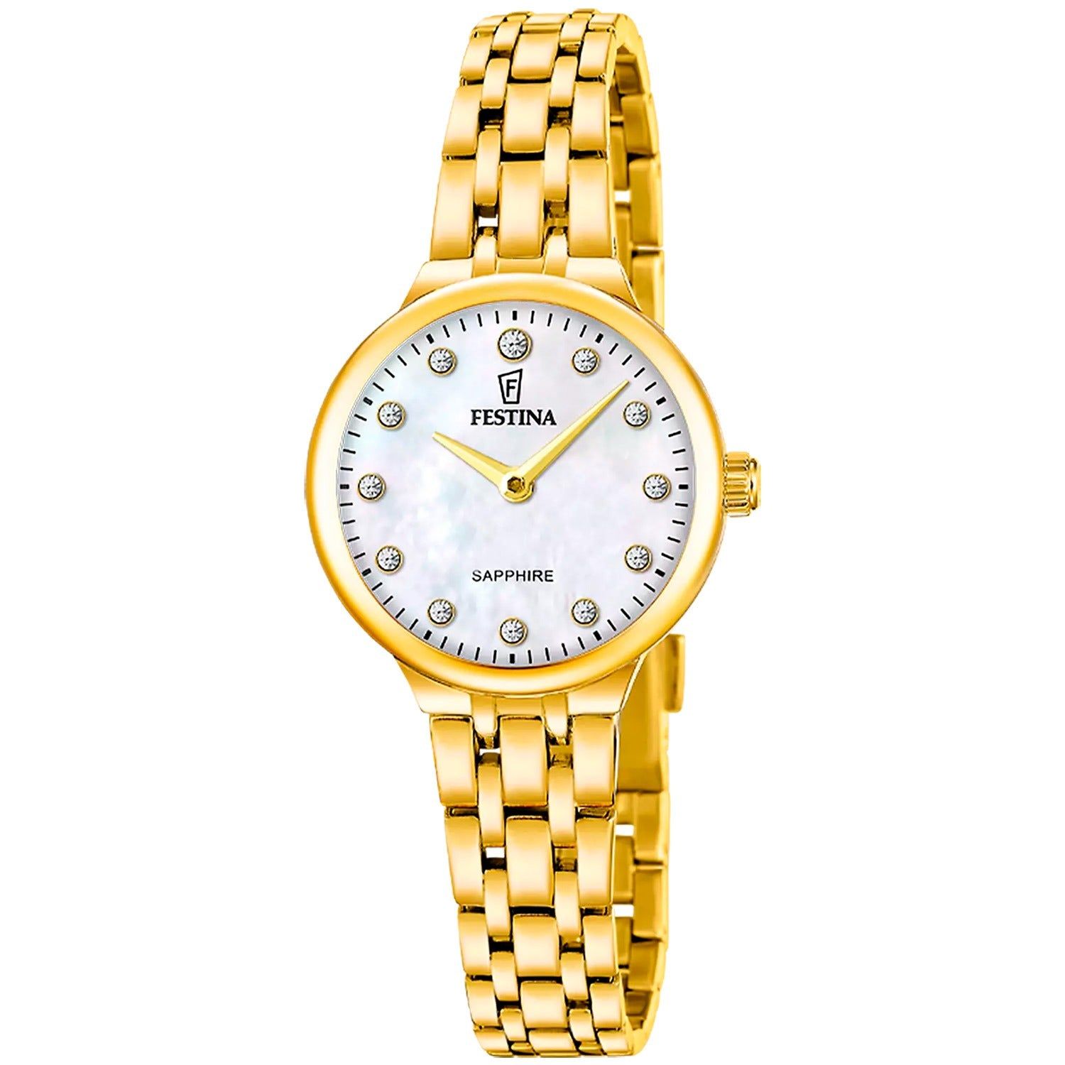 Festina Damenuhr mit Perlmuttzifferblatt, goldfarbenem Edelstahlarmband und Saphirglas