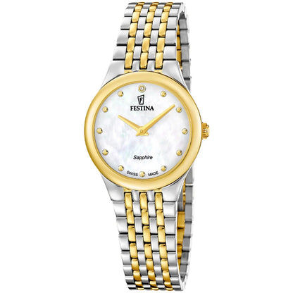 Festina Damenuhr mit goldenem Rand, weißem Zifferblatt und silbernem Gold-Metallarmband