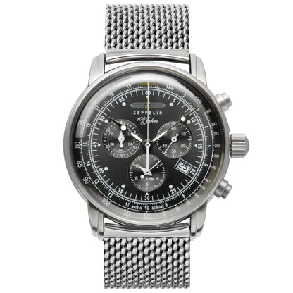 Zeppelin Herren-Chronograph Armbanduhr mit schwarzem Zifferblatt und Stahl-Meshband