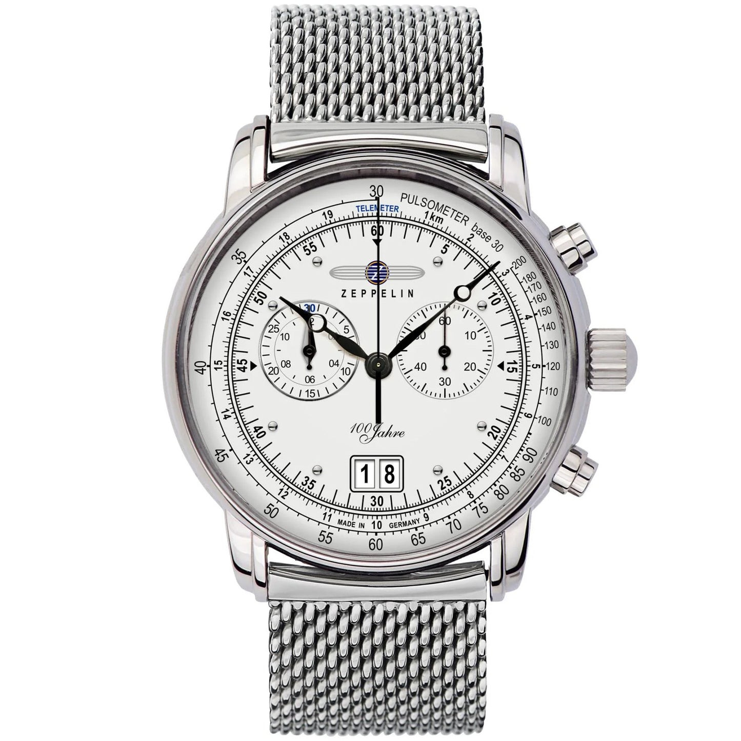 Silberne Herrenarmbanduhr mit weißem Zifferblatt, Chronographenzählern und Metall-Mesharmband