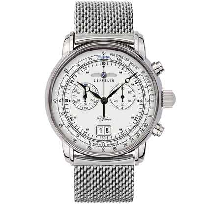 Silberne Herrenarmbanduhr mit weißem Zifferblatt, Chronographenzählern und Metall-Mesharmband