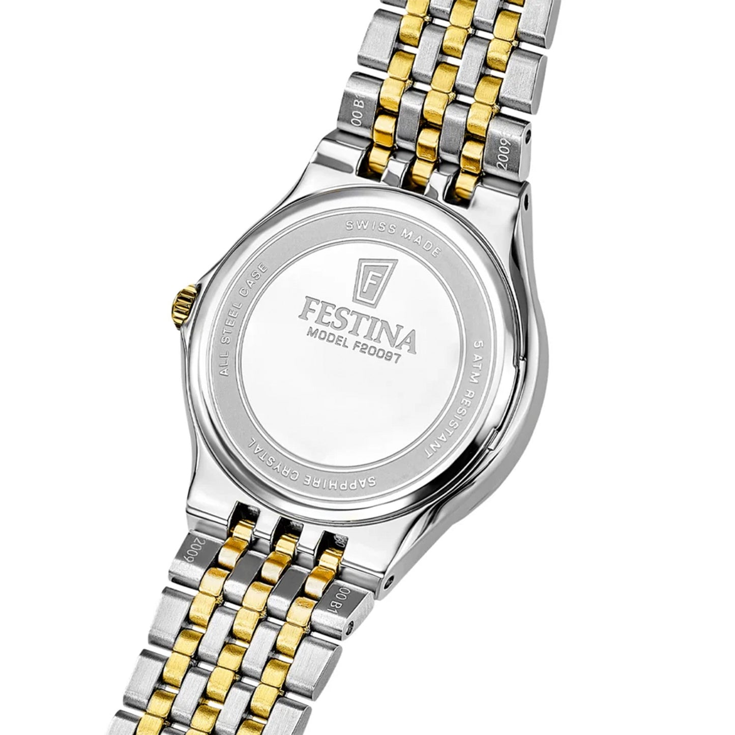 Festina Damenuhr Rückseite mit graviertem Gehäuse und gold-silbernem Metallarmband