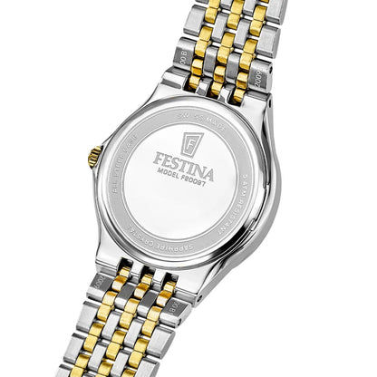 Festina Damenuhr Rückseite mit graviertem Gehäuse und gold-silbernem Metallarmband