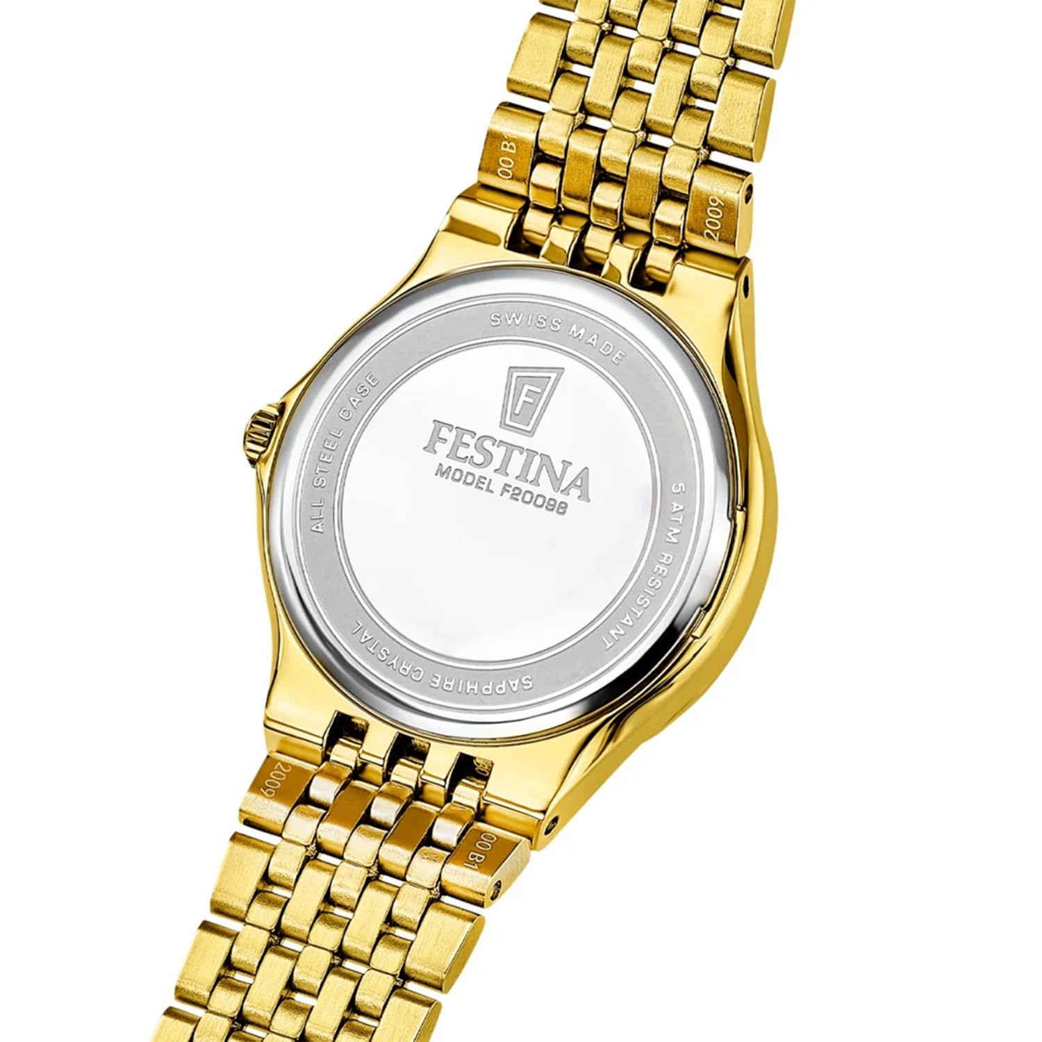 Damenuhr Rückseite mit goldfarbenem Edelstahlarmband, rundem Glasboden mit Festina-Logo