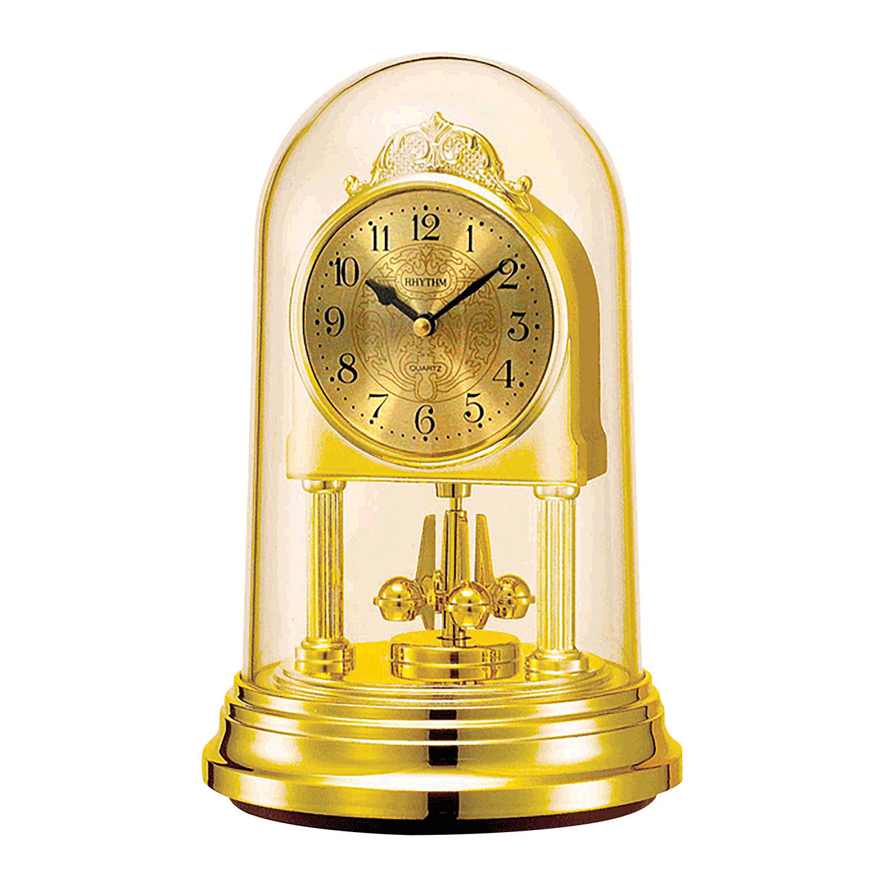 Horloge de table dorée avec dôme en verre, cadran classique et mécanisme à pendule