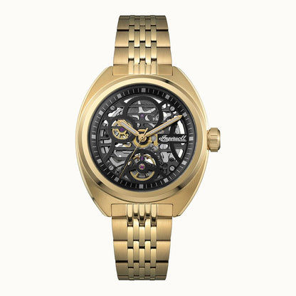 Herrenuhr mit Skelett-Zifferblatt, goldfarbenem Metallband und Automatikwerk