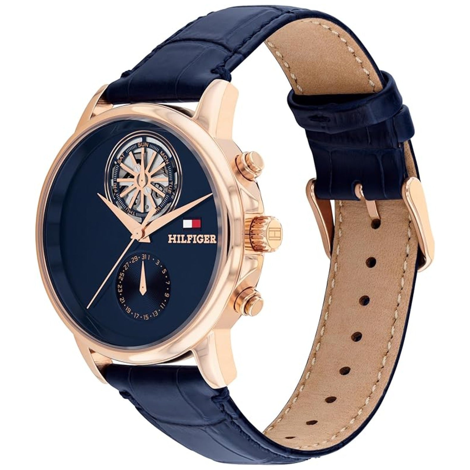 Herrenuhr mit dunkelblauem Zifferblatt, roségoldenem Gehäuse und blauem Lederarmband