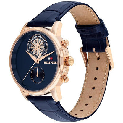 Herrenuhr mit dunkelblauem Zifferblatt, roségoldenem Gehäuse und blauem Lederarmband