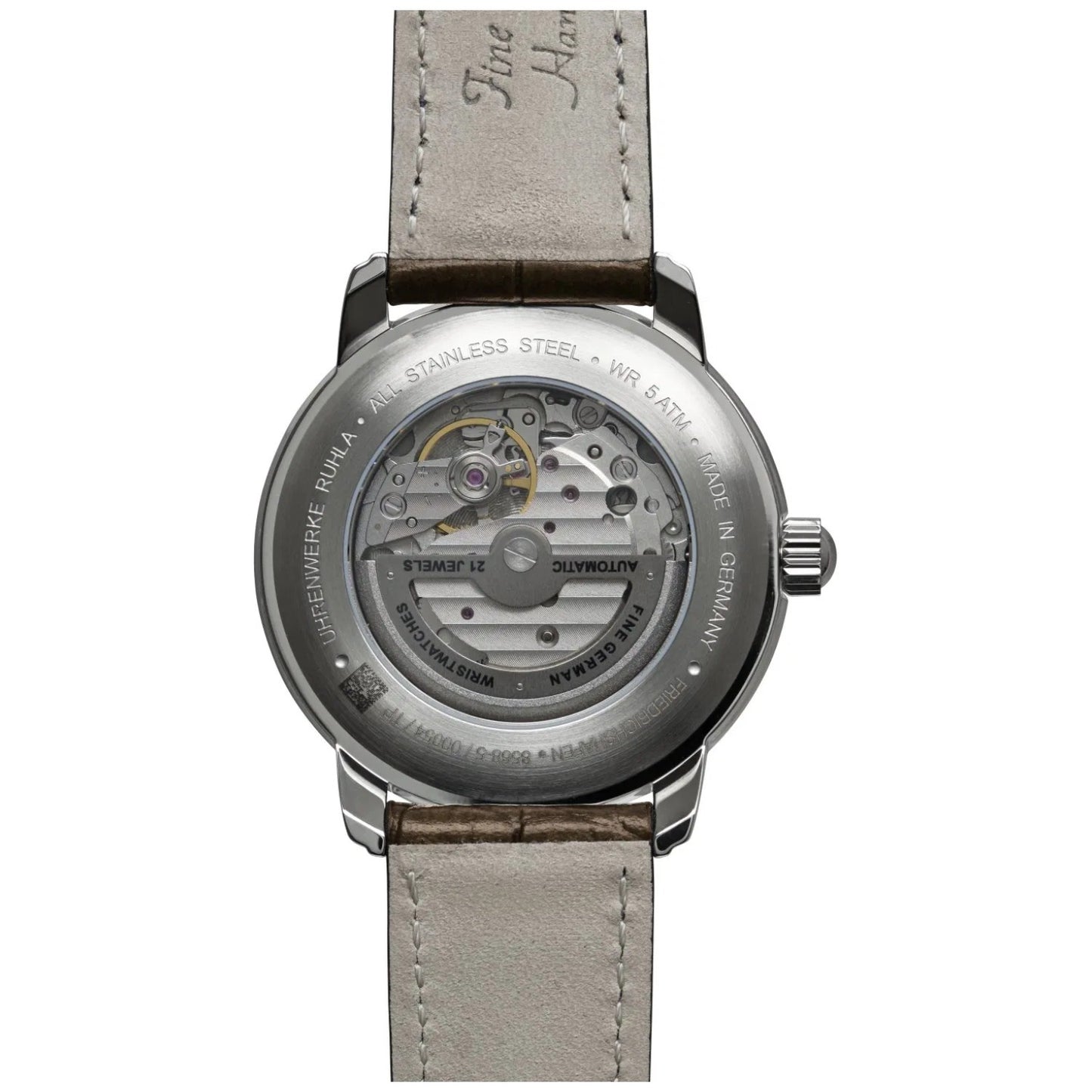 Automatikuhr mit transparentem Gehäuse, silberfarbenes Edelstahlgehäuse und hellgrauem Lederarmband