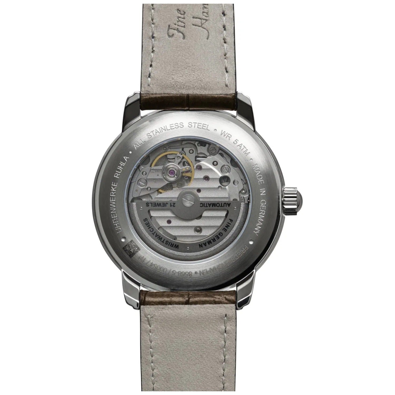Automatikuhr mit transparentem Gehäuse, silberfarbenes Edelstahlgehäuse und hellgrauem Lederarmband