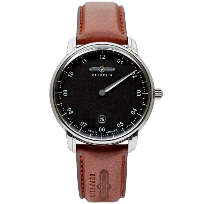 Zeppelin Herrenuhr mit schwarzem Zifferblatt und braunem Lederarmband
