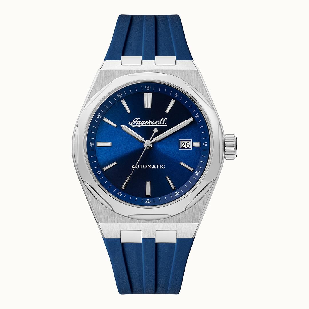 Herrenuhr mit blauem Zifferblatt, silbernem Gehäuse und blauem Armband, Automatik