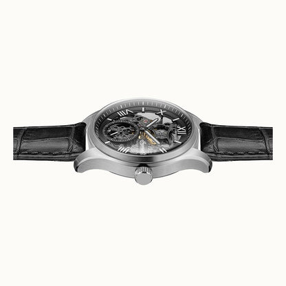Herrenarmbanduhr Ingersoll, Seitenansicht mit schwarzem Lederband und rundem Gehäuse.