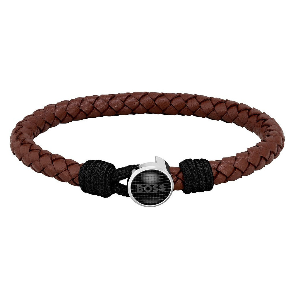 Geflochtenes Lederarmband THAD CLASSIC von Boss Jewelry, braun, rundes Metall-Element