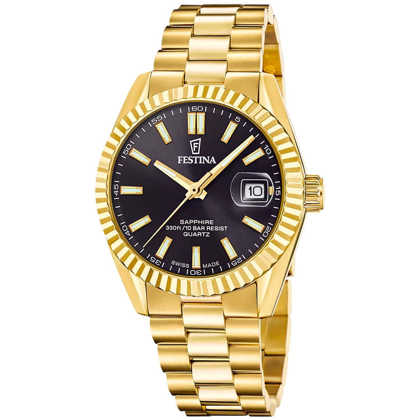 Goldfarbene Herrenuhr mit schwarzem Zifferblatt, goldenen Zeigern und Datumsfenster