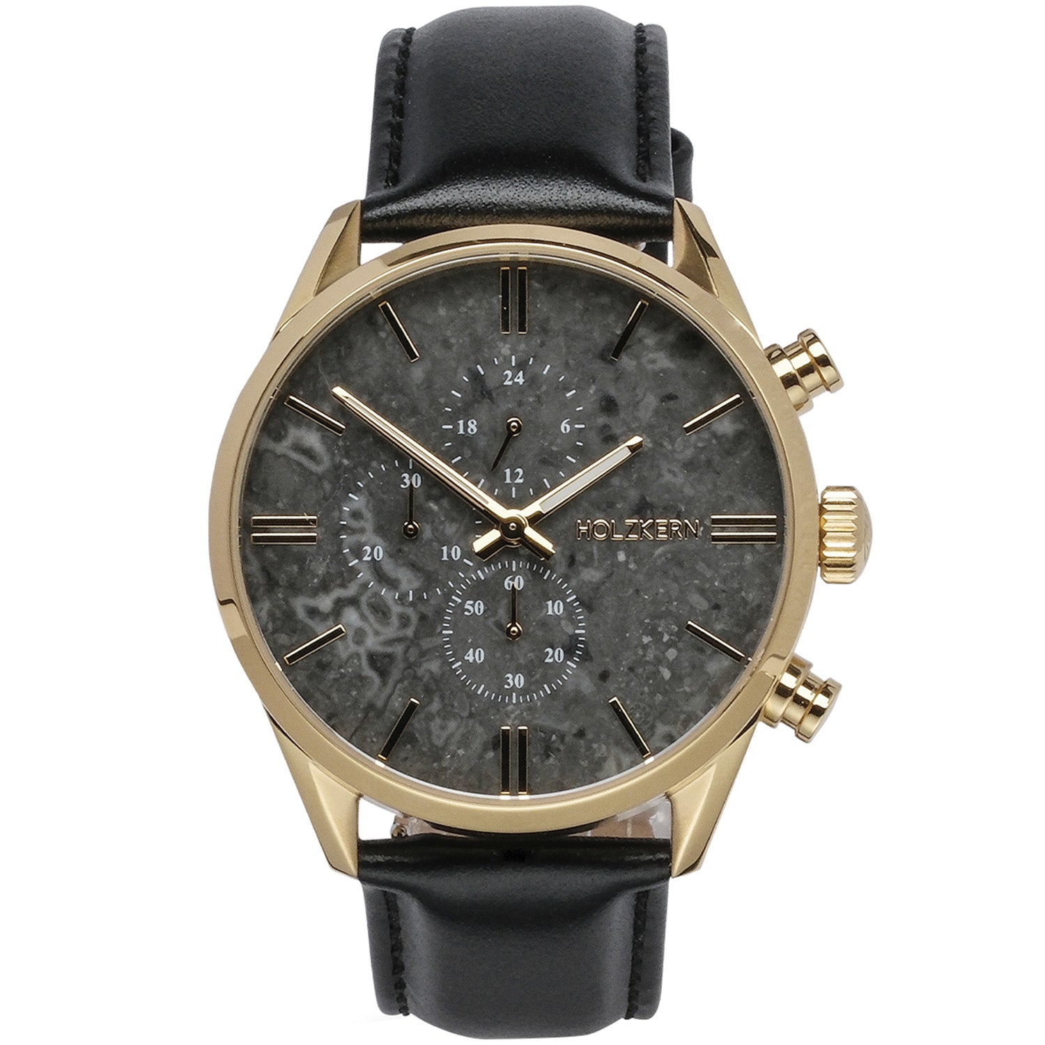 Holzkern Armbanduhr mit goldenem Gehäuse, schwarzem Lederband und Marmorzifferblatt