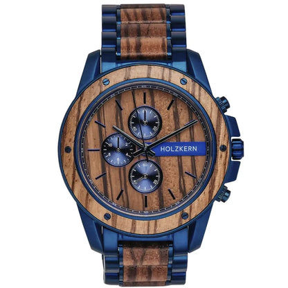 Holzkern Herrenarmbanduhr mit blauem Edelstahlband und Holz-Zifferblatt, Quarzwerk
