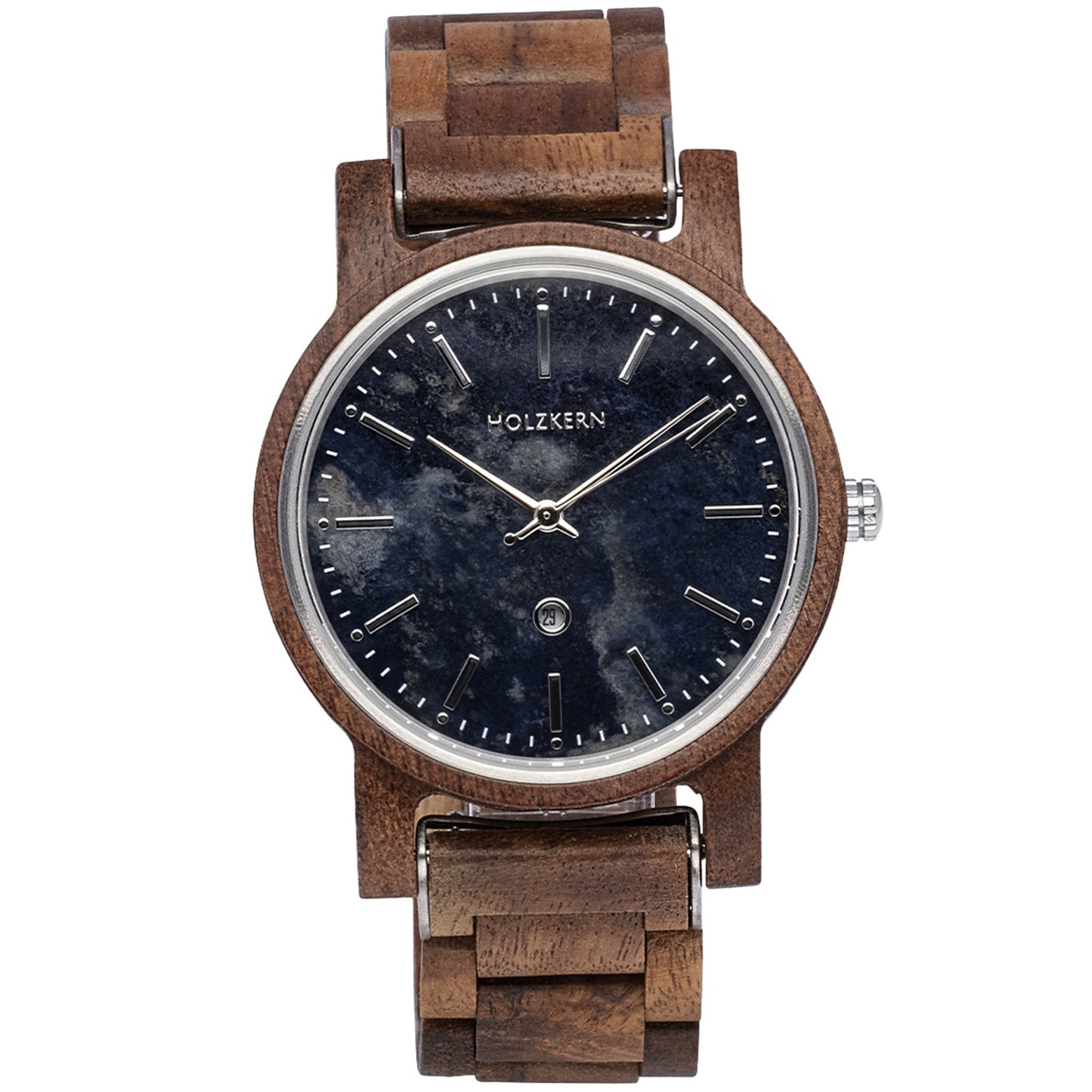 Holzkern Armbanduhr mit blauem Zifferblatt und braunem Holzarmband, rundes Gehäuse