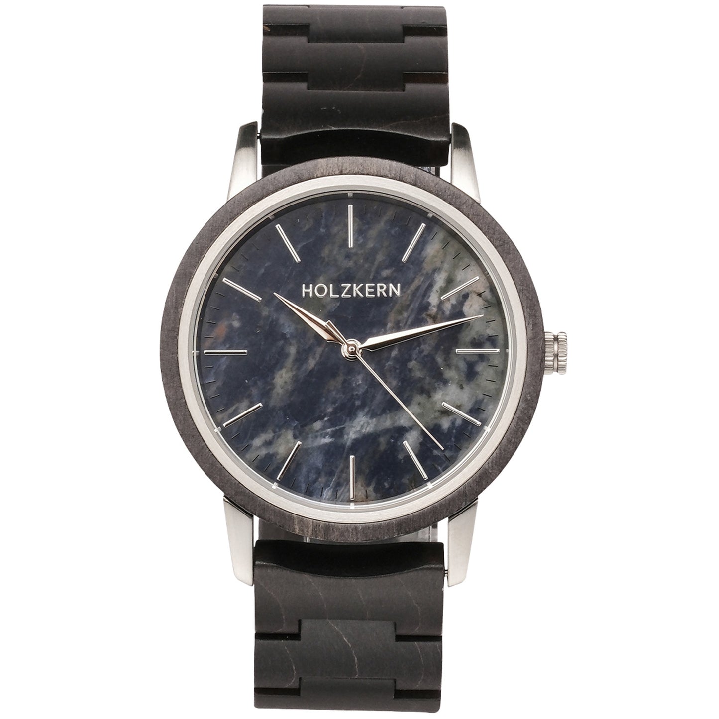 Holzkern Immanuel Armbanduhr mit blauem Sodalith-Zifferblatt und schwarzem Holzband