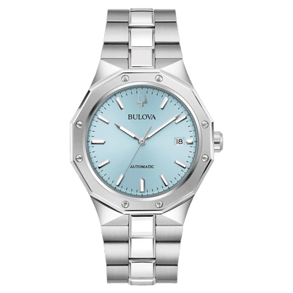 Bulova Herrenuhr mit silbernem Edelstahlband und hellblauem Zifferblatt, Automatik