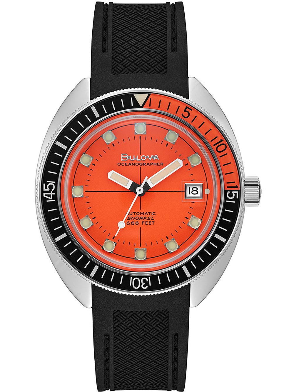 Bulova Devil Diver Armbanduhr mit orangefarbenem Zifferblatt und schwarzem Kautschukband