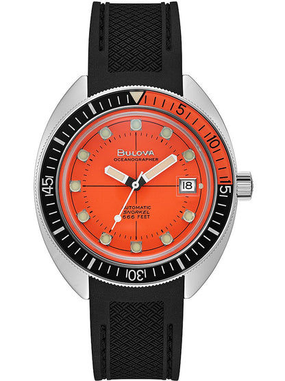 Bulova Devil Diver Armbanduhr mit orangefarbenem Zifferblatt und schwarzem Kautschukband