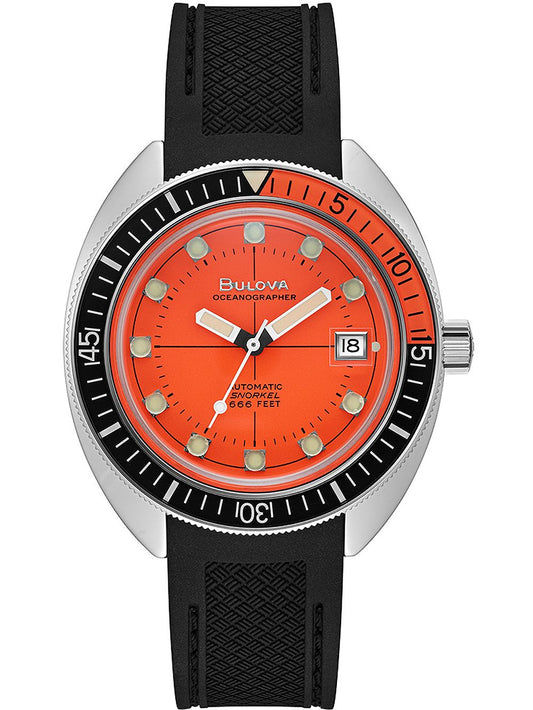 Bulova Devil Diver Armbanduhr mit orangefarbenem Zifferblatt und schwarzem Kautschukband