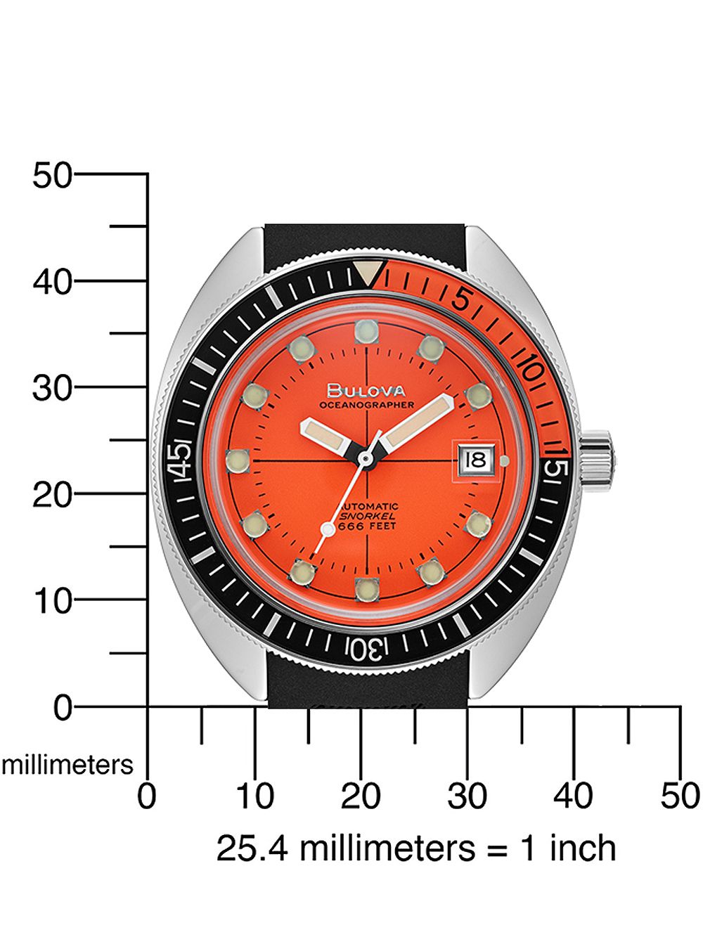 Bulova Armbanduhr mit orangefarbenem Zifferblatt, Datumsfenster und schwarzer Lünette