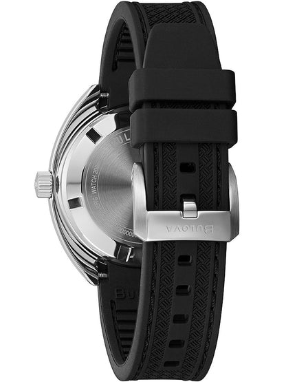 Bulova Armbanduhr seitlich: schwarzes Kautschukband mit Schließe, silbernes Gehäuse