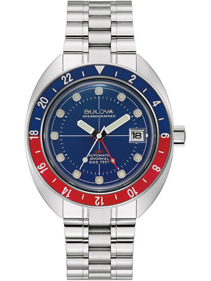 Herrenarmbanduhr mit blauem Zifferblatt, GMT-Lünette rot, Datumsfenster, Edelstahlband