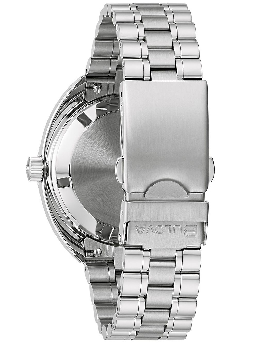 Herrenarmbanduhr mit Edelstahlgehäuse und -armband, Seitenansicht mit Krone
