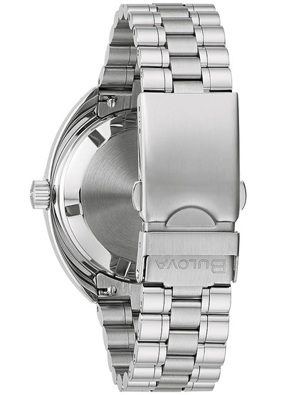 Herrenarmbanduhr mit Edelstahlgehäuse und -armband, Seitenansicht mit Krone