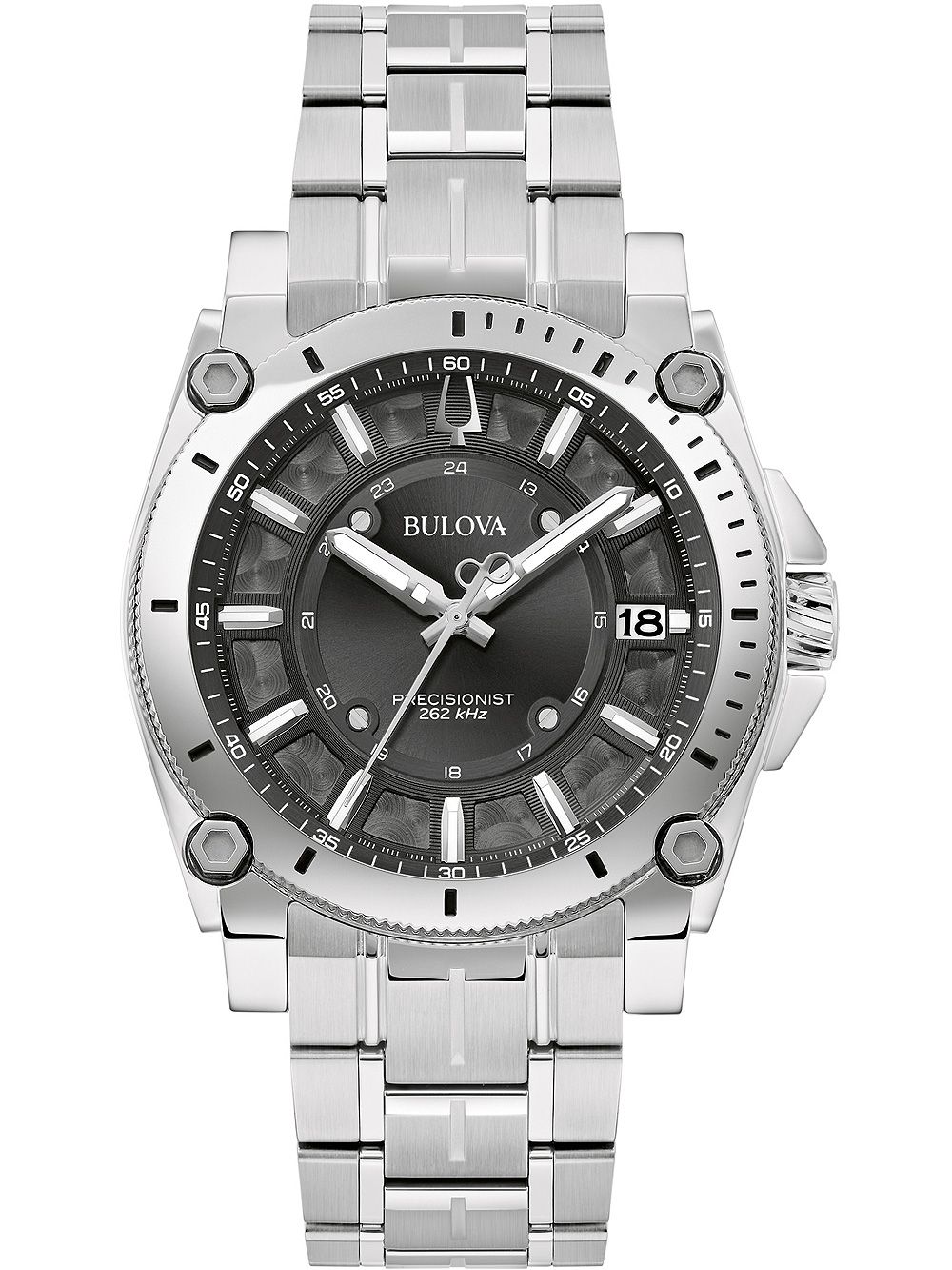 Herrenarmbanduhr Bulova mit silbernem Metallband und schwarzem Zifferblatt