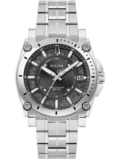 Herrenarmbanduhr Bulova mit silbernem Metallband und schwarzem Zifferblatt