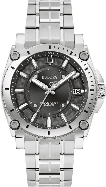 Bulova Herren-Armbanduhr: silbernes Edelstahlarmband, rundes Gehäuse, dunkles Zifferblatt, Datum