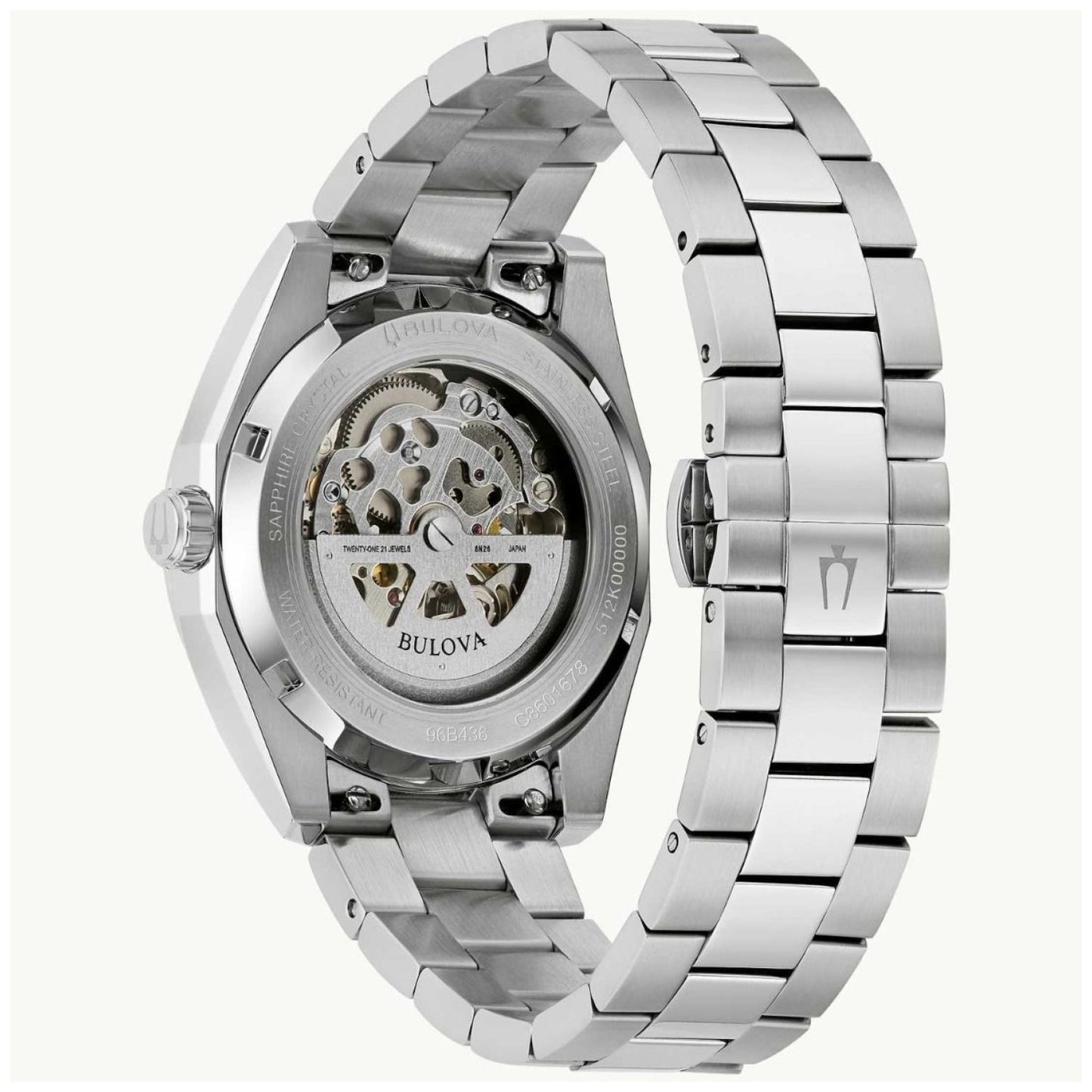 Bulova Herrenarmbanduhr Ansicht von hinten mit sichtbarem Werk, silbernem Metallband