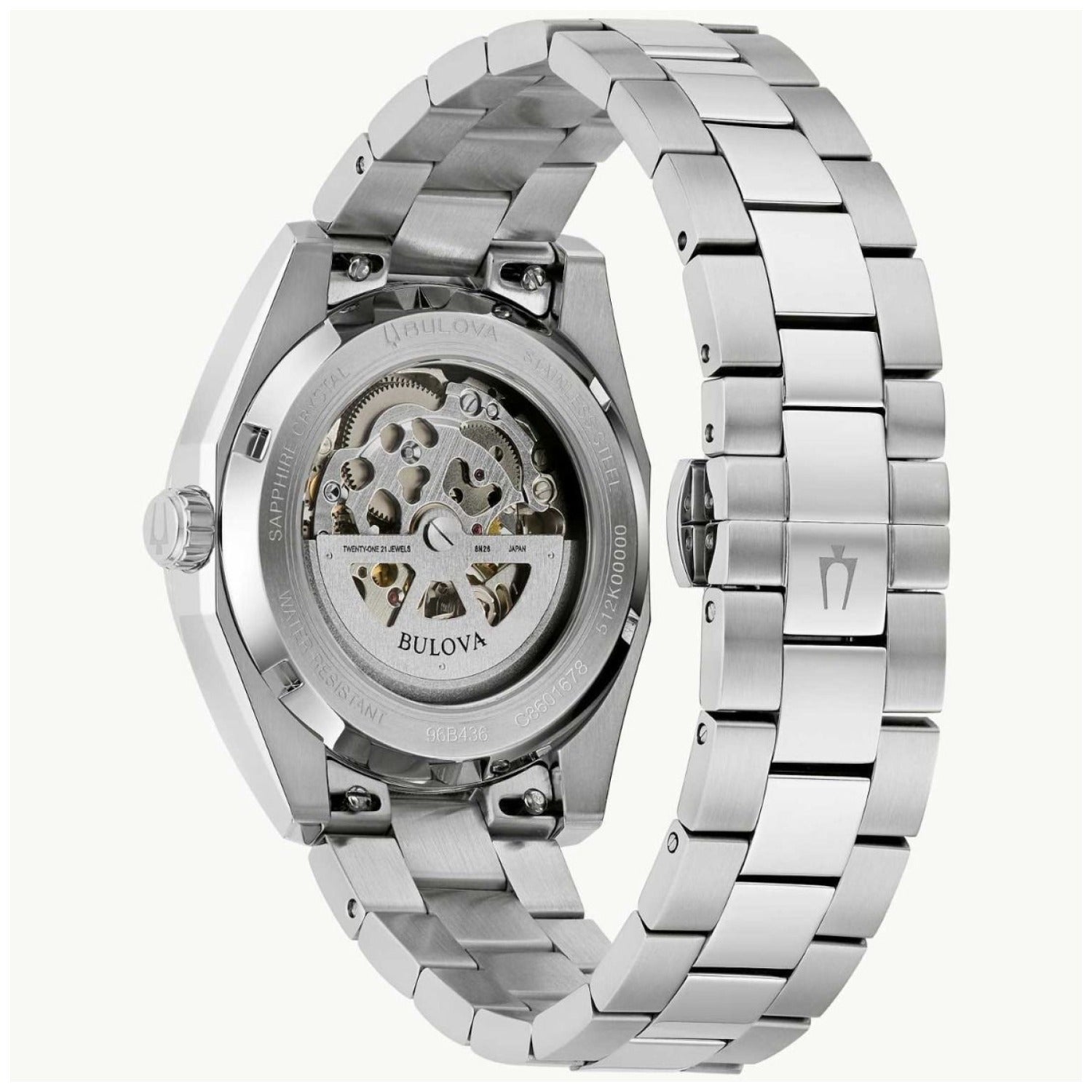 Bulova Herrenarmbanduhr Ansicht von hinten mit sichtbarem Werk, silbernem Metallband
