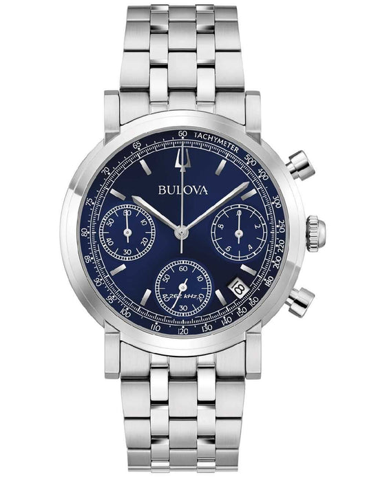 Męski zegarek Bulova typu chronograf z niebieską tarczą i bransoletą ze stali szlachetnej