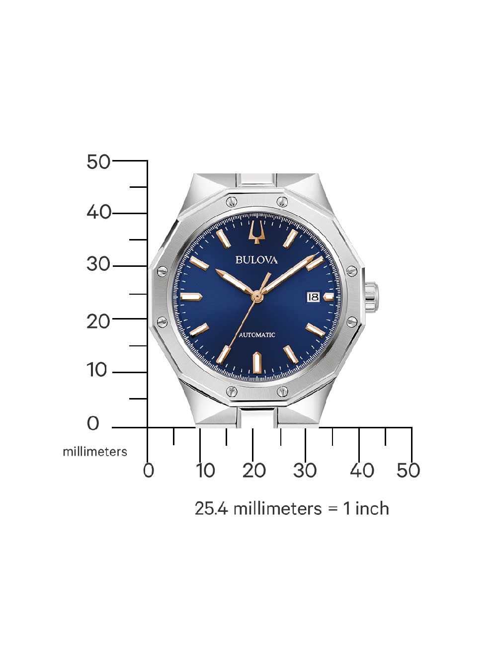Bulova Herrenuhr blaues Zifferblatt, Maßzeichnung mit mm-Skala
