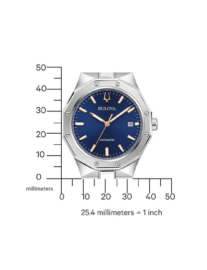 Bulova Herrenuhr blaues Zifferblatt, Maßzeichnung mit mm-Skala