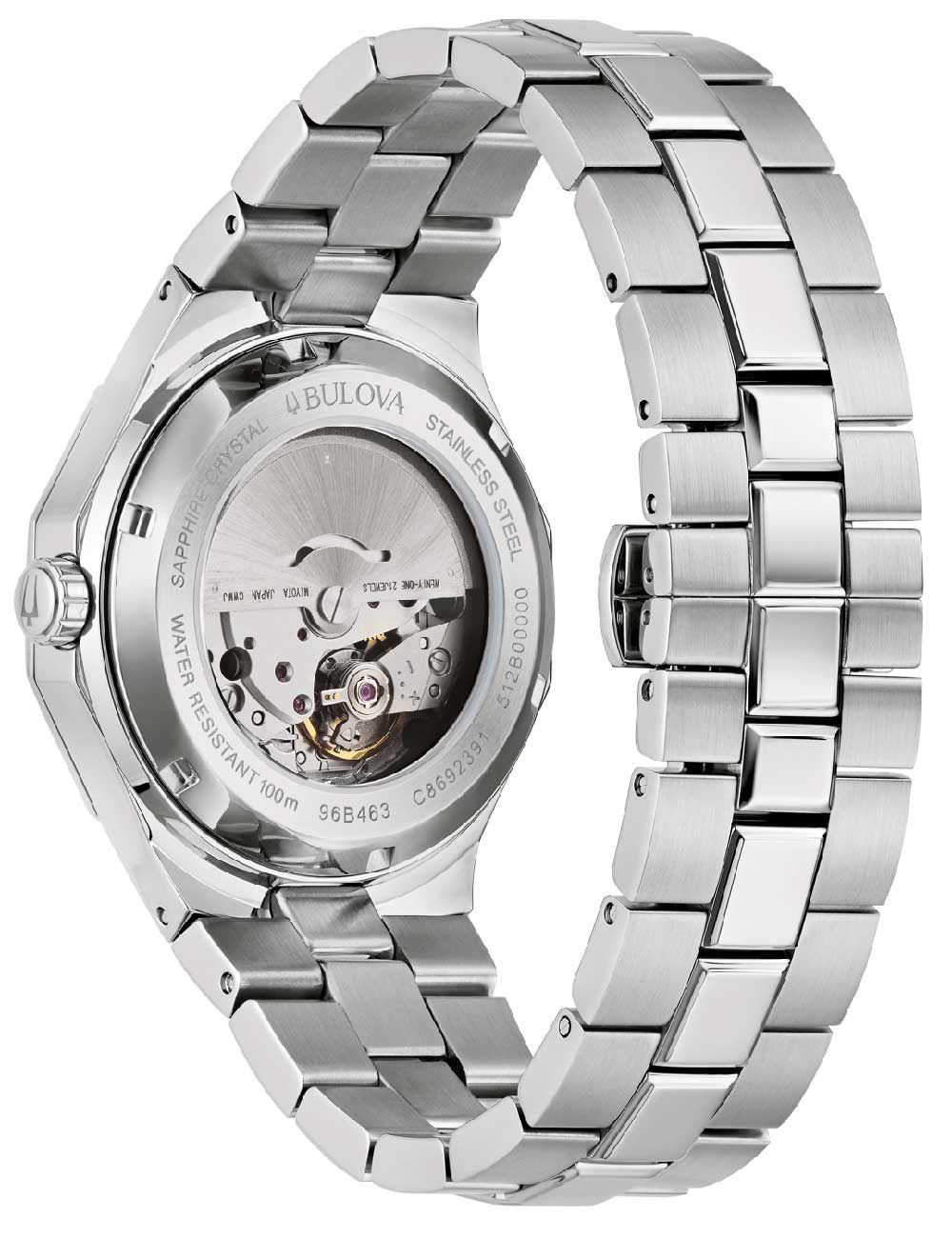 Bulova Herrenuhr Rückseite mit sichtbarem Automatikwerk im Edelstahlgehäuse