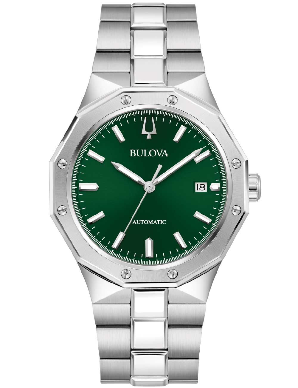 Bulova Herrenuhr mit grünem Zifferblatt, Automatik-Anzeige und Edelstahlband