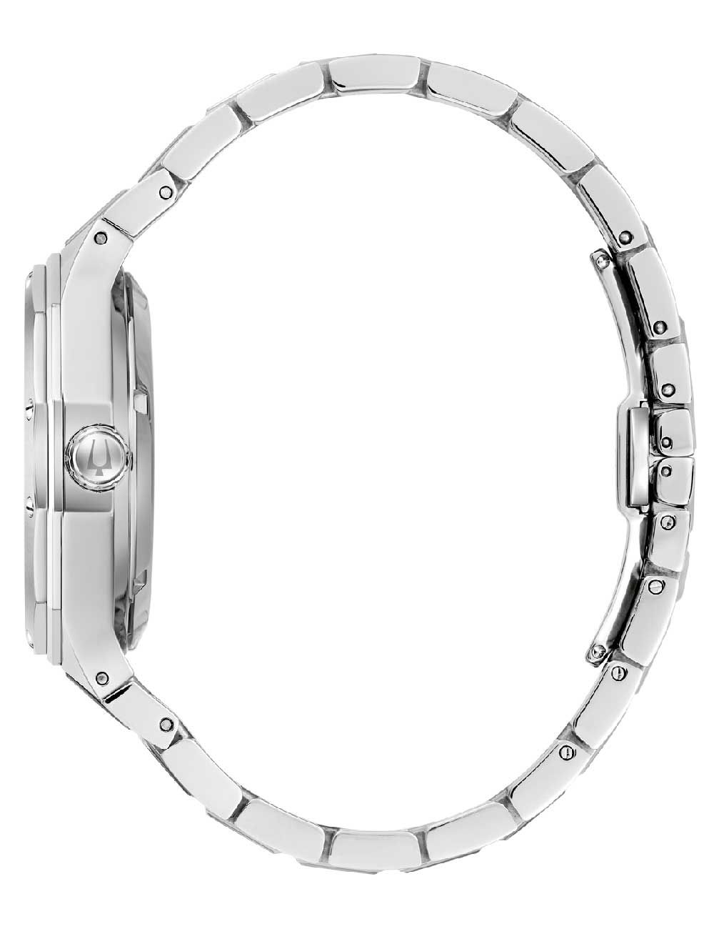 Bulova Herrenuhr mit Edelstahlarmband und runder Gehäuseansicht von der Seite