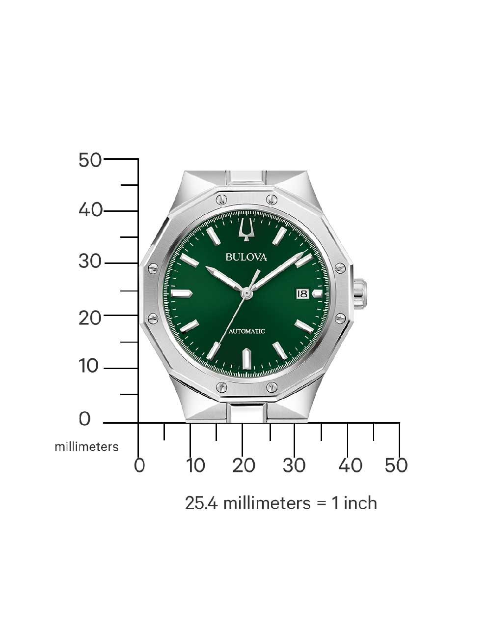 Bulova Herrenuhr mit grünem Zifferblatt und Edelstahlgehäuse, mit Maßgrafik